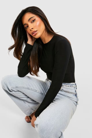 Boohoo Doppeltes Slinky-Langarm-Bodysuit mit Rundhalsausschnitt