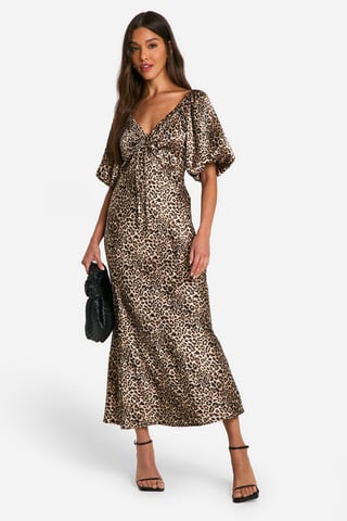 Leoparden-Midaxikleid mit Puffärmeln