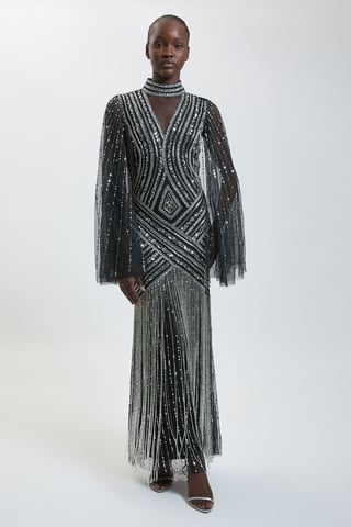 Petite Maxikleid aus Webstoff mit Verzierungen und Cape-Ärmeln