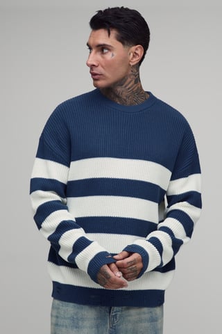 Tall Gestreifter Distressed-Strickpullover