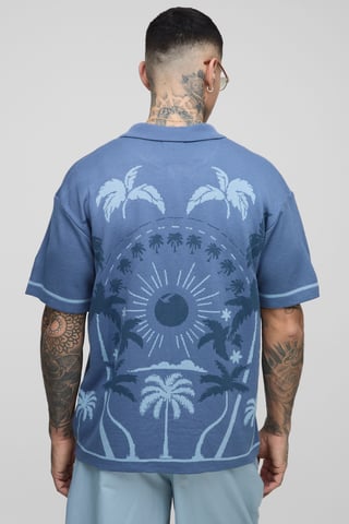 boohooMAN Tall Relaxed Palm Scenic Jacquard-Strickhemd
