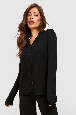 Jersey-Pyjamashirt mit langen Ärmeln und Knopfleiste