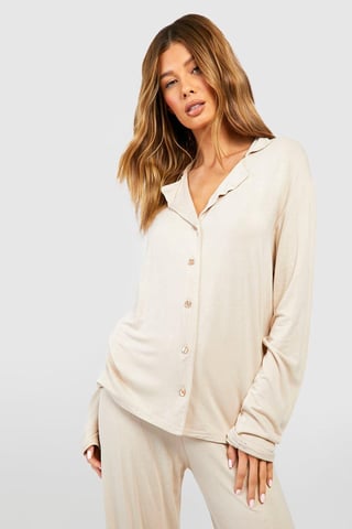 Jersey-Schlafanzugshirt mit langen Ärmeln und Knopfleiste