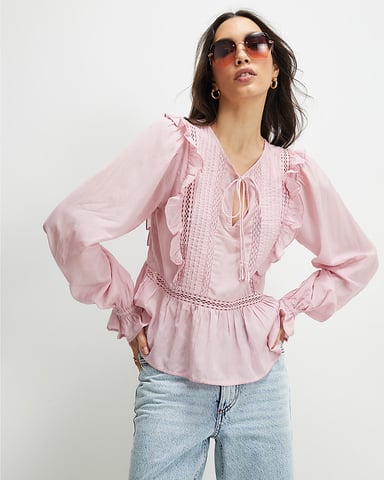 River Island Damenbluse Rosa Baumwollmischung Spitzeneinsatz Bindeband