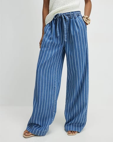 River Island Damen Wide-Leg-Jeans Blau Gestreift Paperbag Mid-Rise