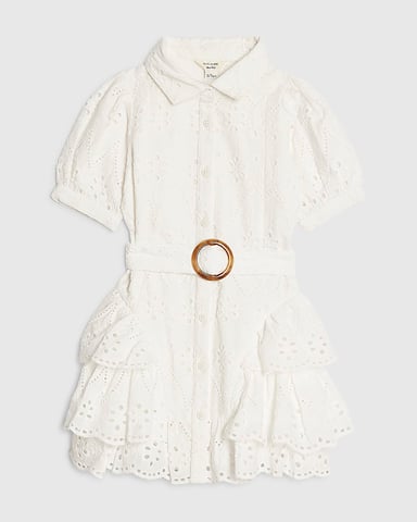 River Island Mini Mädchen-Hemdblusenkleid Weiß Broderie Mit Gürtel Mit Kragen