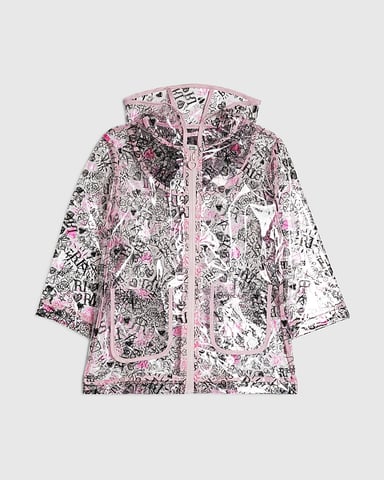 River Island Mini Mädchen-Regenmantel Schwarz mit Graffiti-Print, Kapuze und Reißverschluss