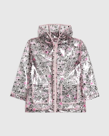 River Island Mädchen-Regenmantel Schwarz mit Graffiti-Print, Kapuze und Reißverschluss