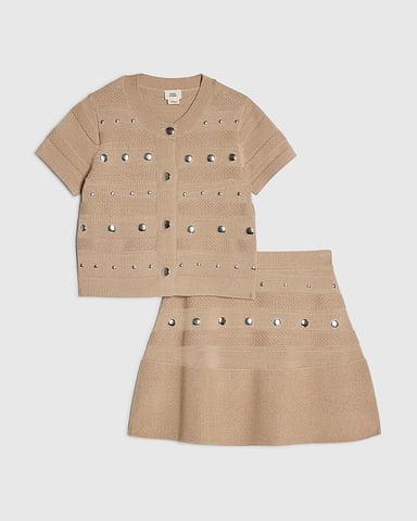 River Island Mädchen Top- und Rock-Set Beige Strick Nieten 2-teilig