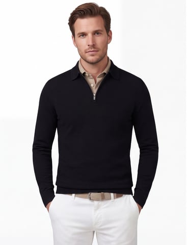 Cavallaro Napoli schwarzes Poloshirt aus Merinowolle mit Reißverschluss