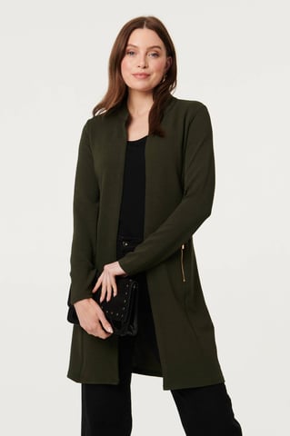 Khakifarbener Longline-Mantel-Cardigan mit offener Vorderseite