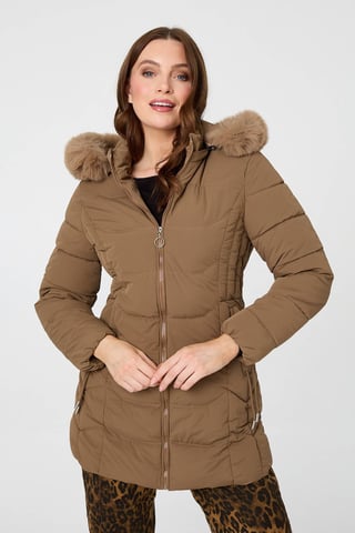 Braune Steppjacke mit Kapuze, Kunstpelzbesatz und Reißverschluss
