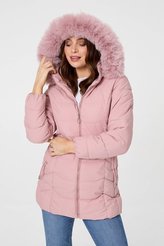 Rosa Steppjacke mit Kapuze, Kunstfellbesatz und Reißverschluss