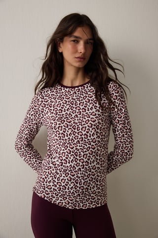 Leopardenprint-Thermo-Pyjamaoberteil mit langen Ärmeln