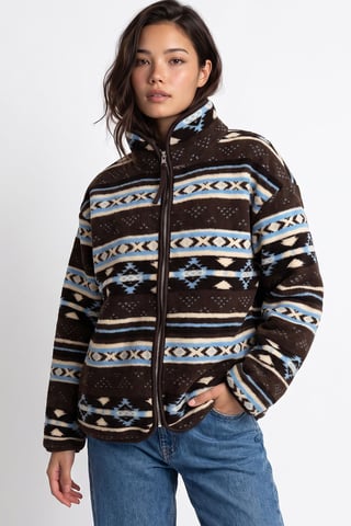 Mixray Damen-Sweatshirt mit geometrischem Muster, Reißverschlusskragen