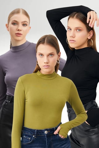 Bipantolon 3er-Pack Damen Bodys mit Slim Fit und halbem Rollkragen