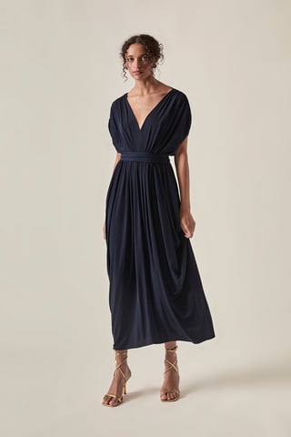 Drapiertes Midikleid mit offenem Rücken – Marineblau