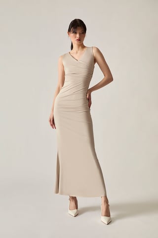 V-Ausschnitt Cremefarbenes Maxikleid