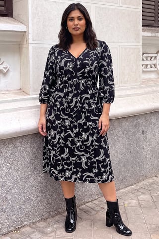 Roman Curve Floral Stretch-Kleid mit V-Ausschnitt