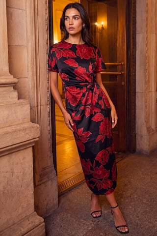 Roman Geblümtes Midikleid mit seitlicher Bindung