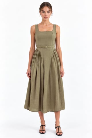 Kleid in Midi-Länge mit eckigem Ausschnitt und Gürtel
