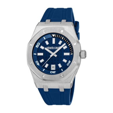 ROBERTO CAVALLI Herrenuhr, silberfarbenes Gehäuse, dunkelblaues Zifferblatt, dunkelblaues Silikonarmband, 3 Zeiger, Datumsanzeige, 3 ATM