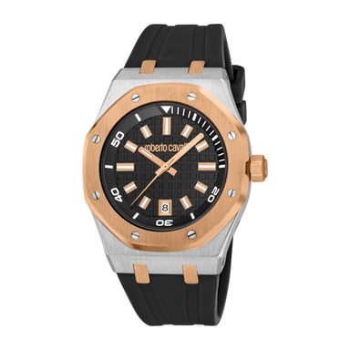 ROBERTO CAVALLI Herrenuhr, zweifarbige Gehäusefarbe Silber & Roségold, schwarzes Zifferblatt, schwarzes Silikonarmband, 3 Zeiger, Datumsanzeige, 3 ATM
