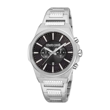 ROBERTO CAVALLI Herrenuhr, Gehäuse in Silberfarbe, schwarzes Zifferblatt, Metallarmband aus Edelstahl, Chronograph, 10 ATM
