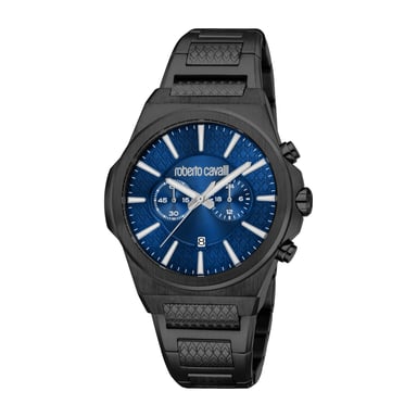 ROBERTO CAVALLI Herrenuhr, Gehäuse in Schwarz, dunkelblaues Zifferblatt, Metallarmband in Schwarz, Chronograph, 10 ATM