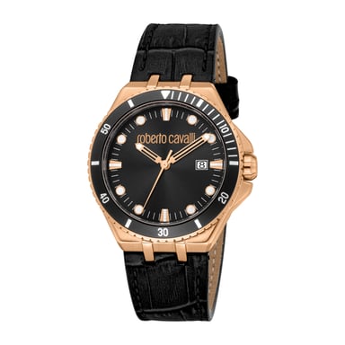 ROBERTO CAVALLI Herrenuhr, roségoldfarbenes Gehäuse, schwarzes Zifferblatt, schwarzes Lederarmband, 3 Zeiger, Datumsanzeige, 10 ATM