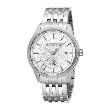 ROBERTO CAVALLI Herrenuhr, silberfarbenes Gehäuse, silberfarbenes Zifferblatt, Edelstahlarmband, 3 Zeiger, Datumsanzeige, 5 ATM