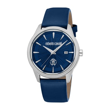 ROBERTO CAVALLI Herrenuhr, Gehäuse in Silberfarbe, dunkelblaues Zifferblatt, dunkelblaues Lederarmband, 3 Zeiger, Datumsanzeige, 5 ATM