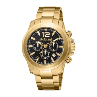 ROBERTO CAVALLI Herrenuhr, Gehäuse in Goldfarbe, schwarzes Zifferblatt, Metallarmband in Goldfarbe, Chronograph, 10 ATM