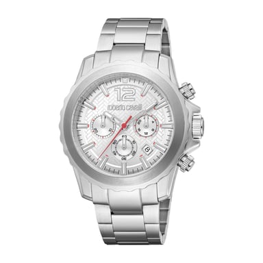 ROBERTO CAVALLI Herrenuhr, Gehäuse in Silberfarbe, silbernes Zifferblatt, Metallarmband aus Edelstahl, Chronograph, 10 ATM