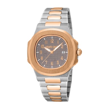 ROBERTO CAVALLI Herrenuhr, zweifarbige Gehäusefarbe Silber & Roségold, dunkelgraues Zifferblatt, zweifarbiges Metallarmband in Silber & Roségold, 3 Zeiger, Datum, 3 ATM
