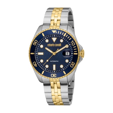 ROBERTO CAVALLI Herrenuhr, Gehäuse in Silber- und Goldoptik, dunkelblaues Zifferblatt, Metallarmband in Silber- und Goldoptik, Automatik, 10 ATM