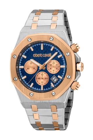ROBERTO CAVALLI Herrenuhr, Gehäuse in zweifarbigem Silber- und Roségoldton, dunkelblaues Zifferblatt, Metallarmband in zweifarbigem Silber- und Roségoldton, Chronograph, 3 ATM