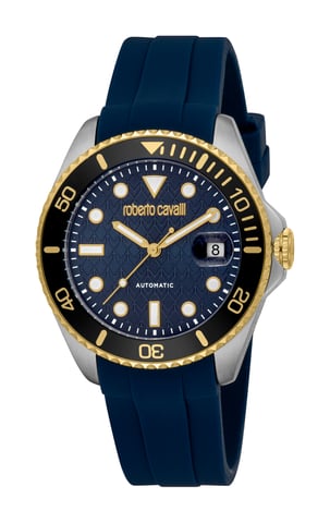 ROBERTO CAVALLI Herrenuhr, zweifarbiger Gehäuse in Silber- und Goldfarbe, dunkelblaues Zifferblatt, dunkelblaues Silikonarmband, Automatik, 10 ATM