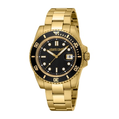 ROBERTO CAVALLI Herrenuhr, Gehäuse in Goldfarbe, schwarzes Zifferblatt, Metallarmband in Goldfarbe, 3 Zeiger, Datumsanzeige, 5 ATM