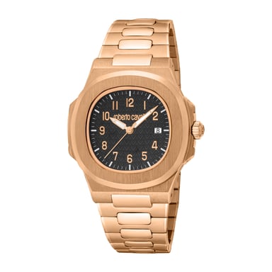 ROBERTO CAVALLI Herrenuhr, Gehäuse in Roségoldfarbe, schwarzes Zifferblatt, Metallarmband in Roségoldfarbe, 3 Zeiger, Datumsanzeige, 3 ATM