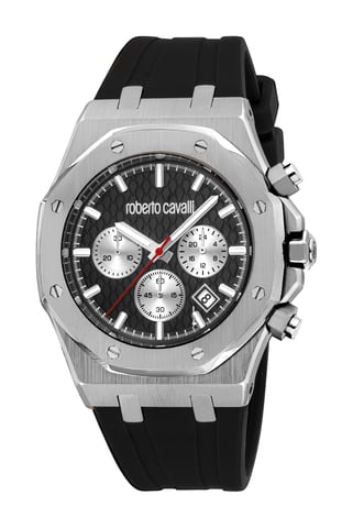 ROBERTO CAVALLI Herrenuhr, Gehäuse in Silberfarbe, schwarzes Zifferblatt, schwarzes Silikonarmband, Chronograph, 3 ATM