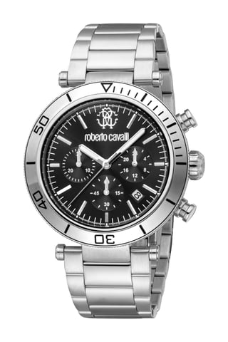 ROBERTO CAVALLI Herrenuhr, Gehäuse in Silberfarbe, schwarzes Zifferblatt, Metallarmband aus Edelstahl, Chronograph, 10 ATM