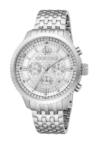ROBERTO CAVALLI Herrenuhr, silberfarbenes Gehäuse, silberfarbenes Zifferblatt, Metallarmband aus Edelstahl, Chronograph, 10 ATM