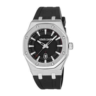 ROBERTO CAVALLI Herrenuhr, Gehäuse in Silberfarbe, schwarzes Zifferblatt, schwarzes Silikonarmband, 3 Zeiger, Datumsanzeige, 3 ATM