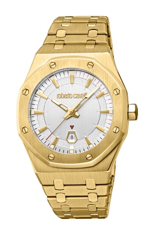 ROBERTO CAVALLI Herrenuhr, Gehäuse in Goldfarbe, silbernes Zifferblatt, Metallarmband in Goldfarbe, 3 Zeiger, Datumsanzeige, 3 ATM