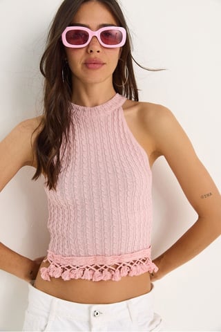 Strukturierte Halterneck-Fitted-Crop-Bluse