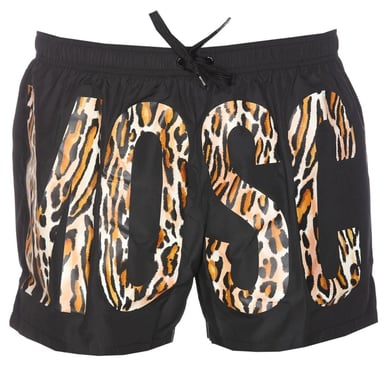 Schwarze kurze Badeshorts mit Leopardenmuster und Logo von Moschino