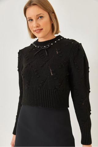 Strukturiertes Besticktes Rundhals Enges Crop Sweater