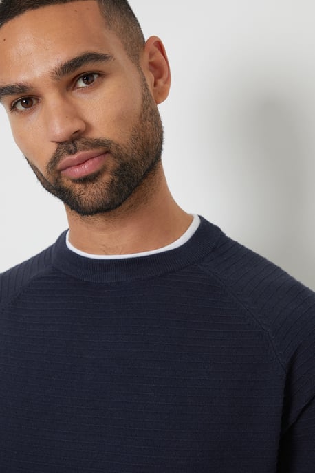 Navy Textured Mock T-Shirt Crew Neck Jumper