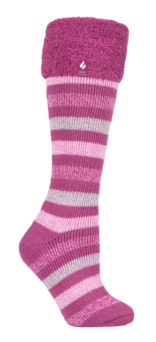 Heat Holders - Damen / Herren Extra lange gestreifte Gummistiefelsocken | Thermosocken mit Bündchen - Pink Stripe - Image 1